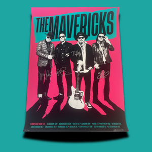 Concert poster for the band The Mavericks featuring silhouettes of four band members and tour dates.