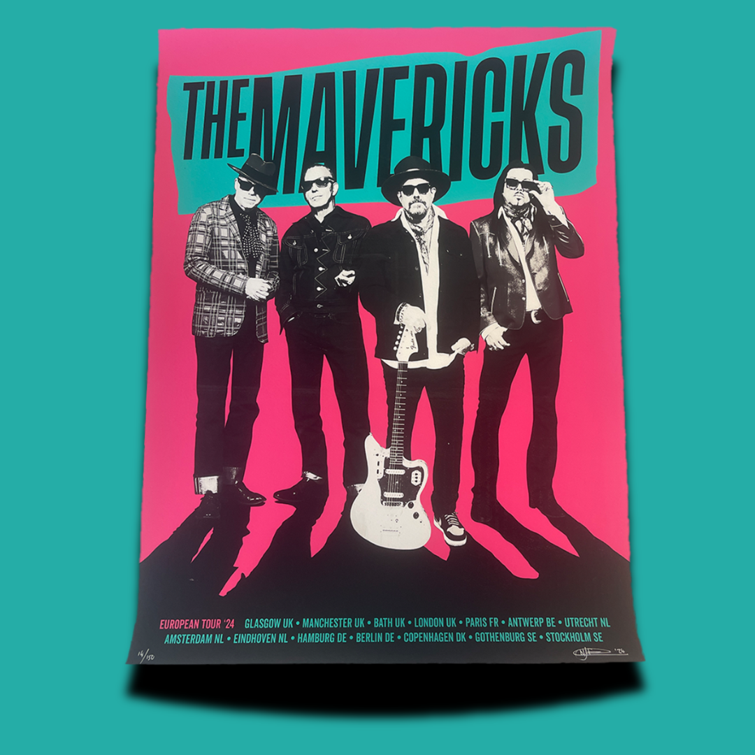 Concert poster for the band The Mavericks featuring a stylized image of the four band members and tour dates.