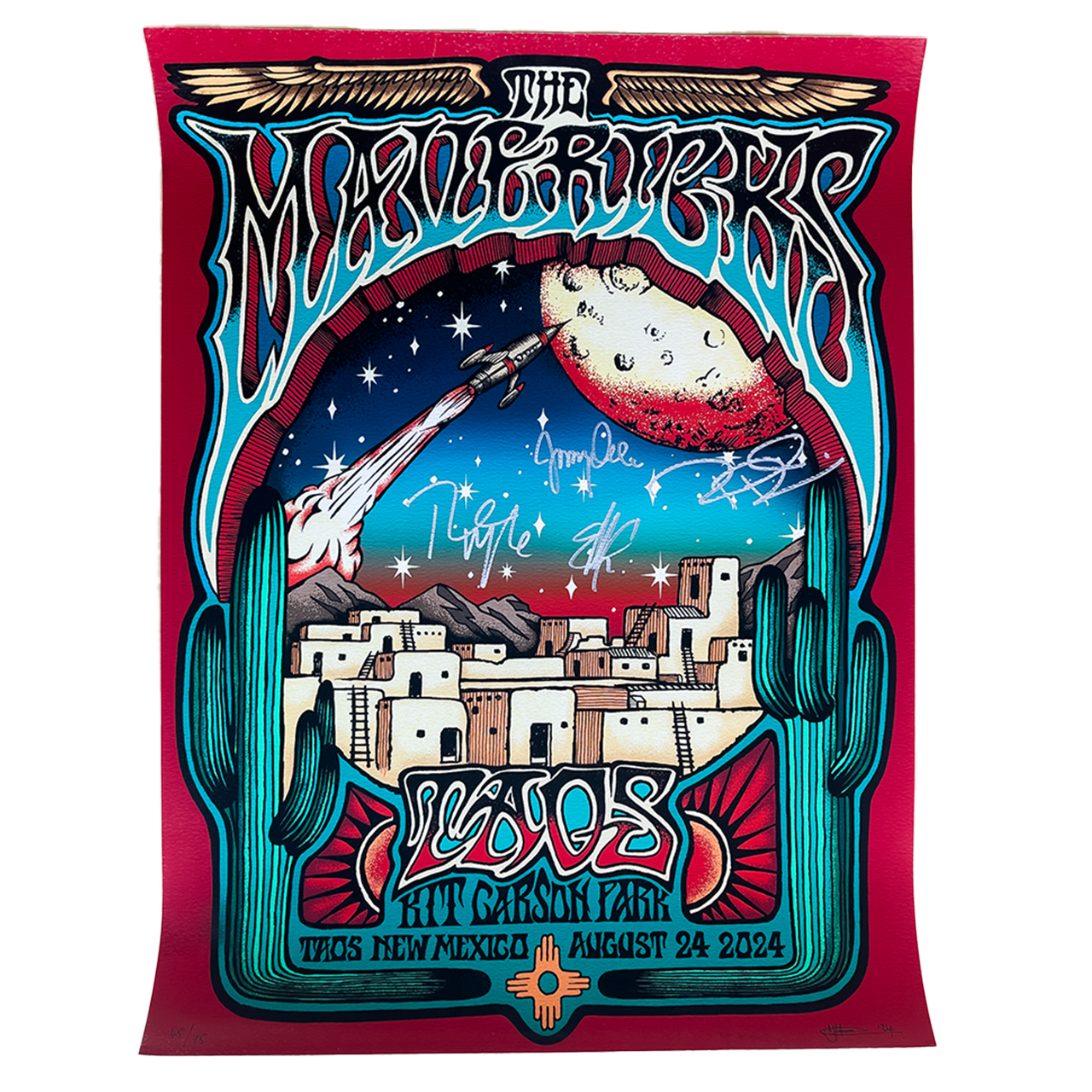 Psychedelic concert poster featuring a desert cityscape under a crescent moon and rocket.