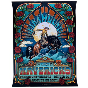 Colorful concert poster featuring a cowboy riding a bucking horse against a moon backdrop, surrounded by an ornate frame with roses.