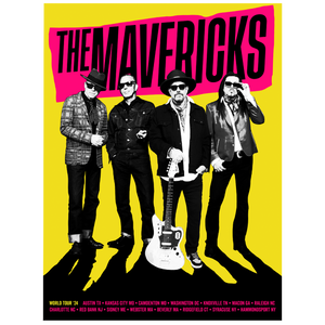 Promotional poster for a music group called The Mavericks featuring four band members and an electric guitar.