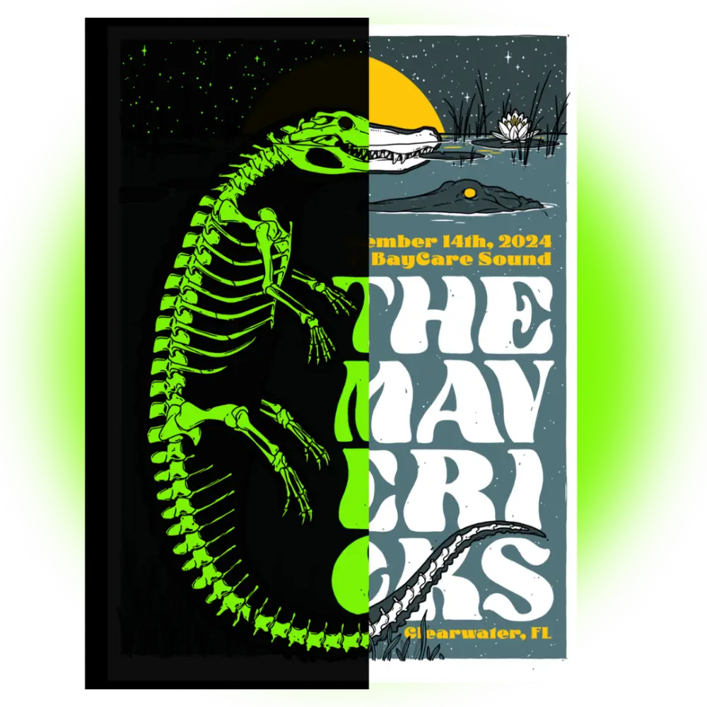 Concert poster with alligator theme.