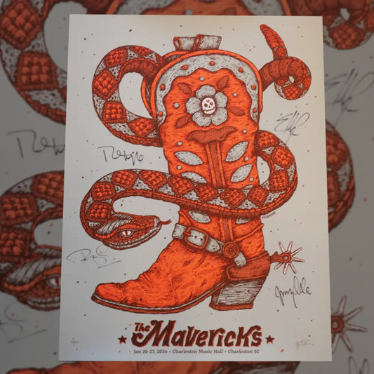 Stylized orange cowboy boot with a snake coiled around it, featuring floral and Western-inspired designs.