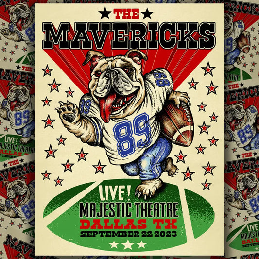 Concert poster featuring a bulldog mascot in a football jersey holding a football.