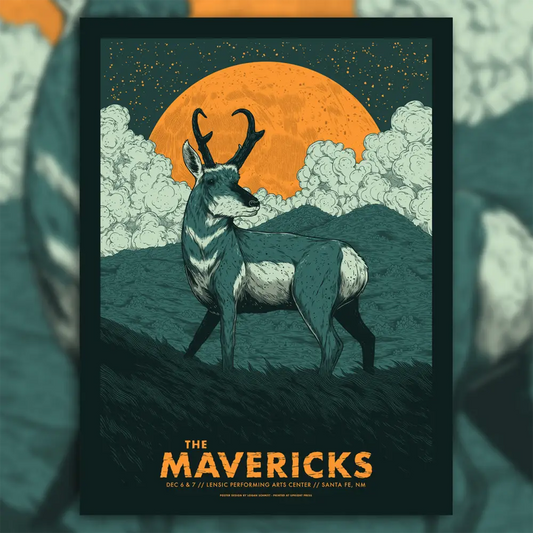 Stylized pronghorn antelope standing in profile against a moonlit landscape.
