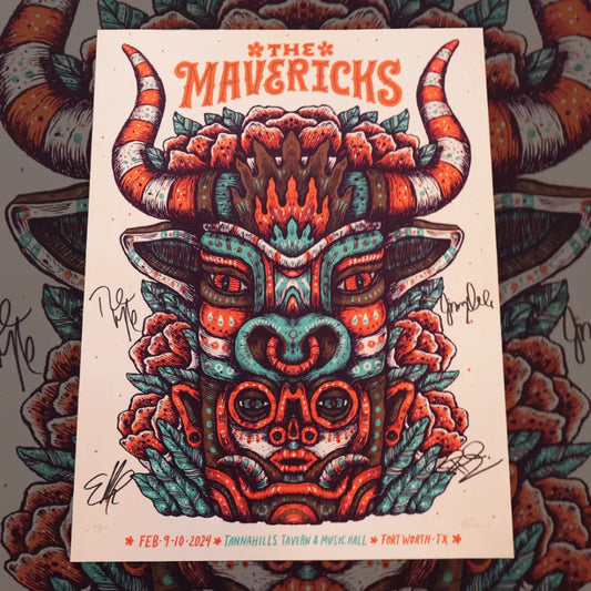 Stylized bull’s head poster design with intricate patterns in red, orange, and teal colors for ’The Mavericks’ event.