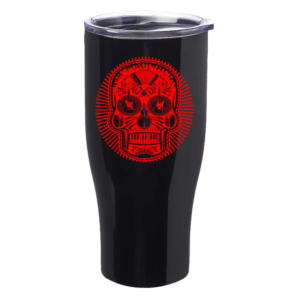 Black tumbler with red skull design.