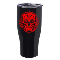 Black tumbler with red skull design.