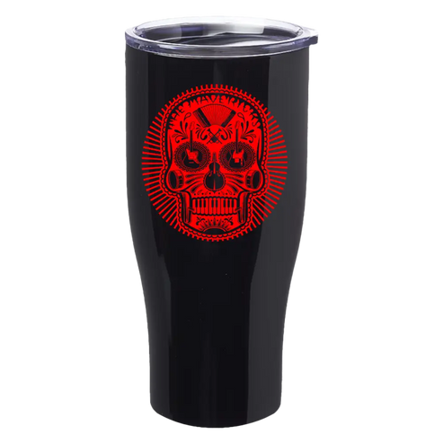 Black tumbler with red skull design.