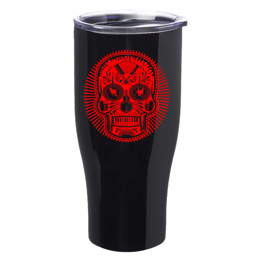 Black tumbler with red skull design.