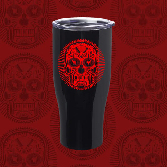 Black tumbler with red skull design.