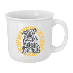 White mug with bulldog design.