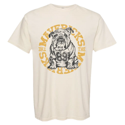 Beige t-shirt with bulldog graphic.