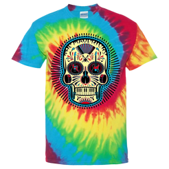 Tie-dye t-shirt featuring a colorful sugar skull design.