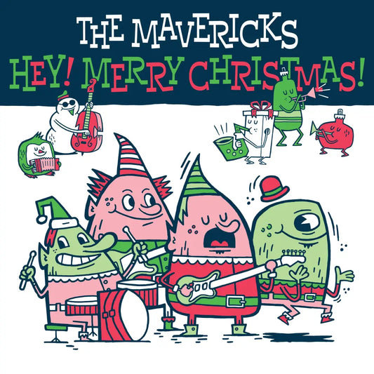 Cartoon album cover featuring colorful monster-like characters playing musical instruments for a Christmas-themed release by The Mavericks.
