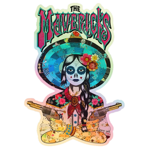 Colorful sticker depicting a Day of the Dead-style figure with a sombrero and crossed guns.