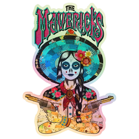 Colorful sticker depicting a Day of the Dead-style figure with a sombrero and crossed guns.