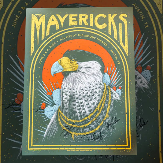 Stylized concert poster featuring a bald eagle with golden text reading ’MAVERICKS’ above.