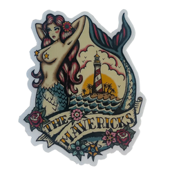 Stylized tattoo-style illustration of a topless mermaid with a lighthouse scene and ’The Mavericks’ text.