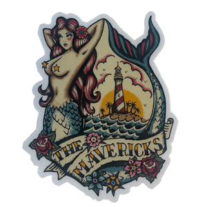 Stylized tattoo-style illustration of a topless mermaid with a lighthouse scene and ’The Mavericks’ text.