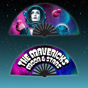 Colorful folding fan with space-themed artwork and text ’THE MAVERICKS MOON & STARS’.