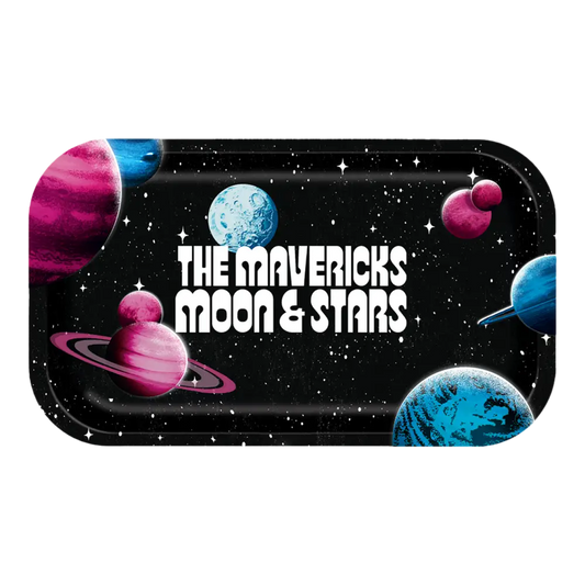 Colorful space-themed graphic design featuring planets and text ’THE MAVERICKS MOON & STARS’.