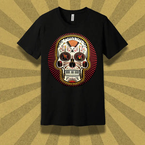 Black t-shirt featuring a colorful sugar skull design on the front.
