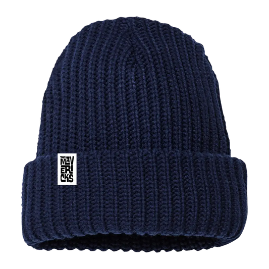 Navy blue knit beanie with a small white rectangular tag.