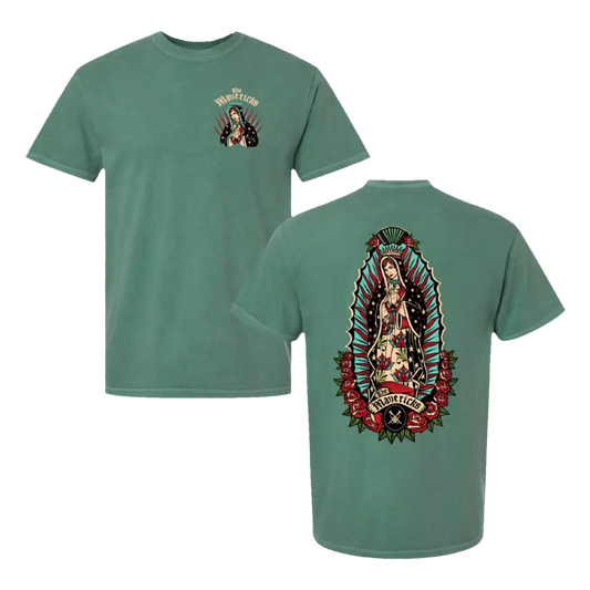 Green t-shirt with religious graphic.