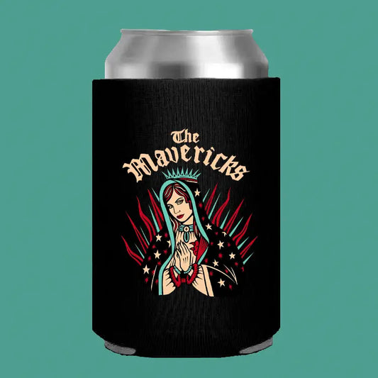 Black can cooler featuring a colorful illustration of a woman in a religious or spiritual style with the text ’The Mavericks’ above.