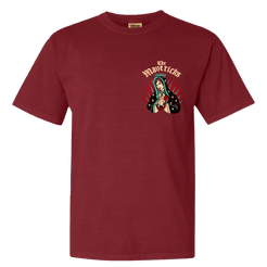 Maroon t-shirt with a colorful Virgin Mary graphic on the chest.