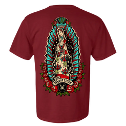 Maroon t-shirt with a colorful Our Lady of Guadalupe design on the back.