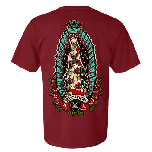 Maroon t-shirt with a colorful Our Lady of Guadalupe design on the back.