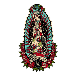 Stylized illustration of the Virgin of Guadalupe surrounded by roses and decorative elements.