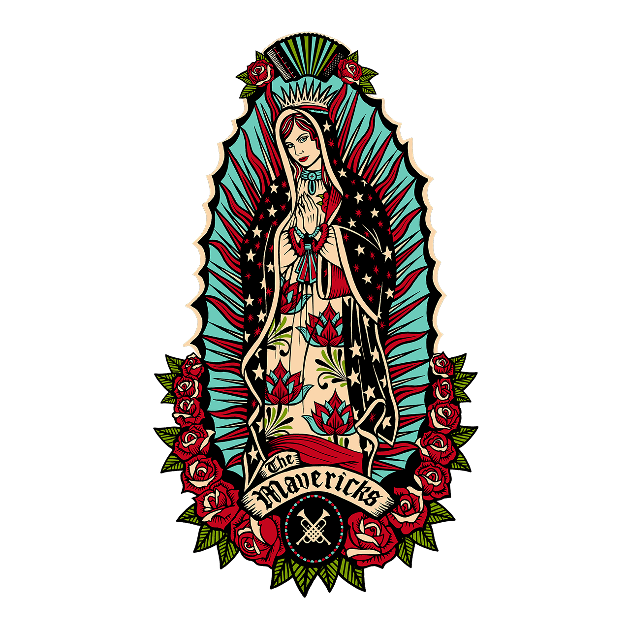 Stylized illustration of the Virgin of Guadalupe surrounded by roses and decorative elements.