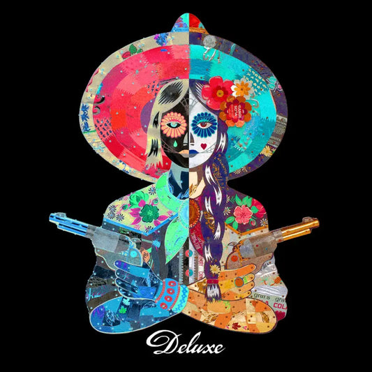 Colorful, split-style portrait combining Day of the Dead skull makeup with vibrant floral and guitar elements.