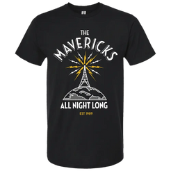 Black t-shirt with ’The Mavericks All Night Long’ design featuring a radio tower graphic.