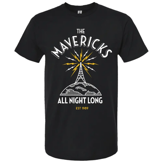 Black t-shirt with ’The Mavericks All Night Long’ design featuring a radio tower graphic.