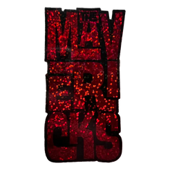 Glittery red text patch spelling out ’MAVERICKS’ vertically.
