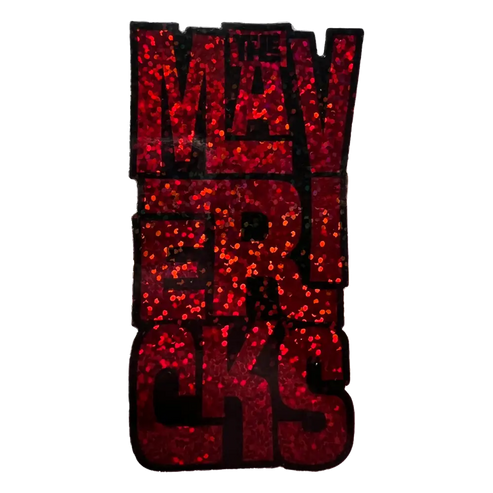 Glittery red text patch spelling out ’MAVERICKS’ vertically.
