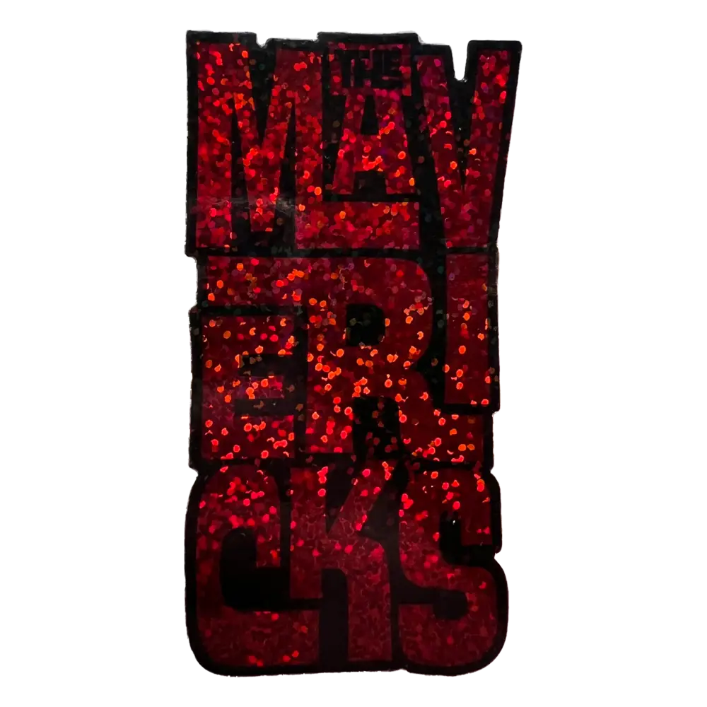 Glittery red text patch spelling out ’MAVERICKS’ vertically.