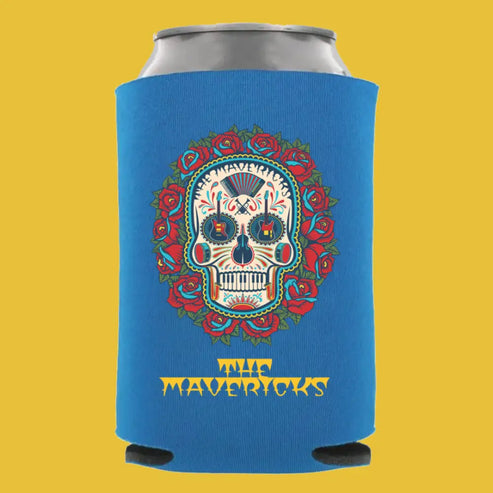 Blue drink cooler sleeve featuring a colorful sugar skull design and ’The Mavericks’ text.