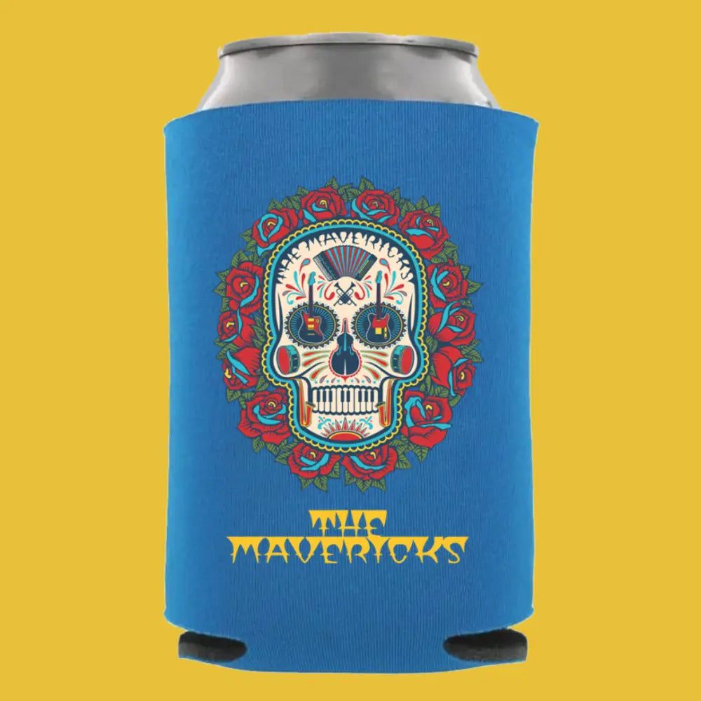 Blue drink cooler sleeve featuring a colorful sugar skull design and ’The Mavericks’ text.