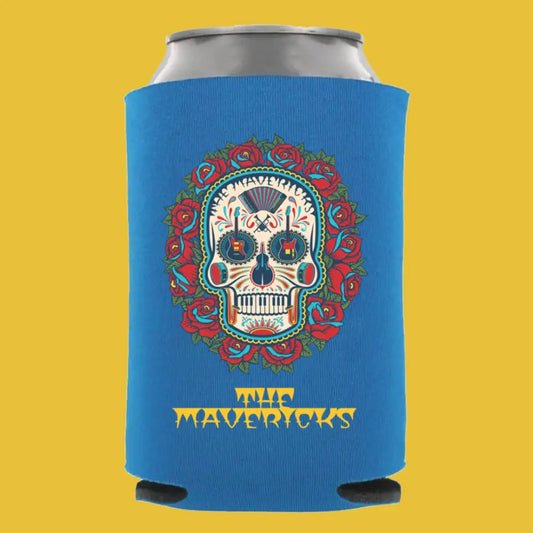 Blue drink cooler sleeve featuring a colorful sugar skull design and ’The Mavericks’ text.