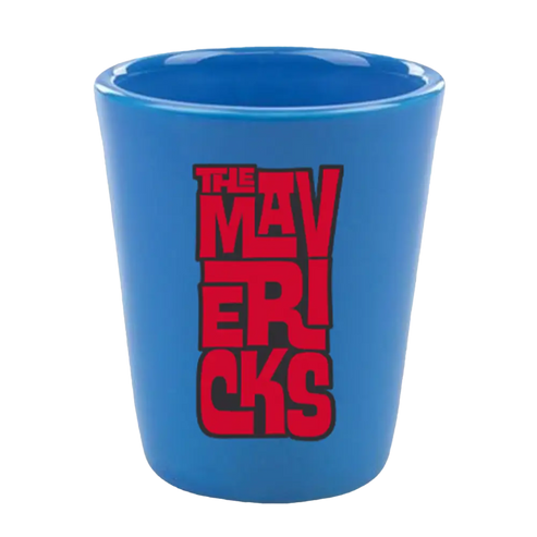 Blue shot glass with ’THE MAVERICKS’ printed in red lettering.