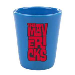 Blue shot glass with ’THE MAVERICKS’ printed in red lettering.