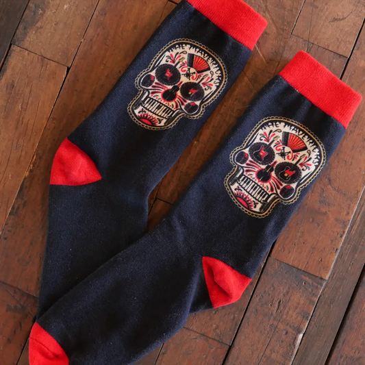 Skull-themed socks with red accents.