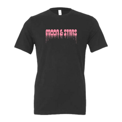 Black t-shirt with pink ’MOON & STARS’ text dripping downward.