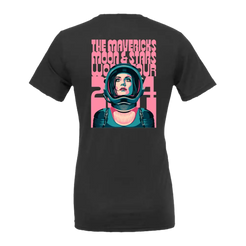 Black t-shirt with a pink and teal graphic design featuring an astronaut helmet.