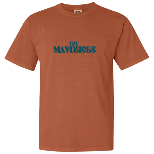 Rust-colored t-shirt with ’THE MAVERICKS’ printed in green text on the front.